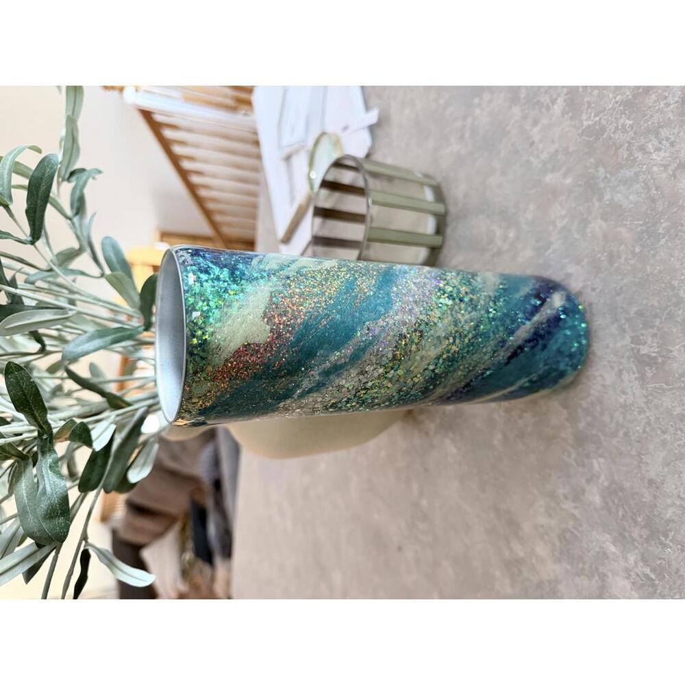 Handcrafted Glitter Tumbler with Blue and Green Swirl Design